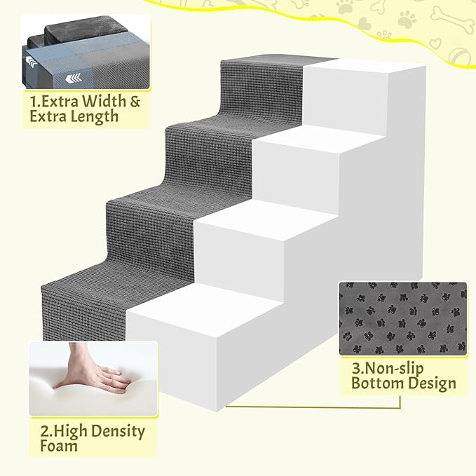 Niubya Dog Stairs for Small Dogs and Cats,18'H Non-Slip Bottom Pet Steps for High Beds and Couch,Extra Wide High-Density Foam Pet Stairs Grey,4 Steps