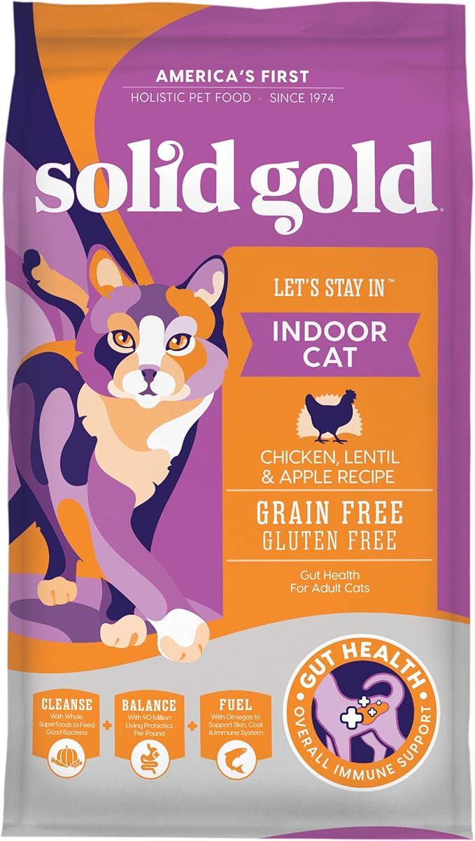 Solid Gold Indoor Dry Cat Food - Grain Free & Gluten Free - Chicken Cat Food Dry Kibble for Indoor Cats for Gut Health - Sensitive Stomach & Hairball Support for Adult Cats - 12LB