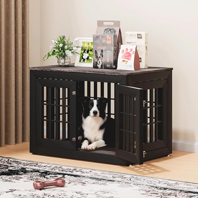 38" Heavy Duty Dog Crate Furniture for Small,Medium and Large Dogs,Rustic Wooden Dog Cage Kennel Indoor Furniture with Waterproof Top,Decorative Pet House Side End Table (Black & Grey)