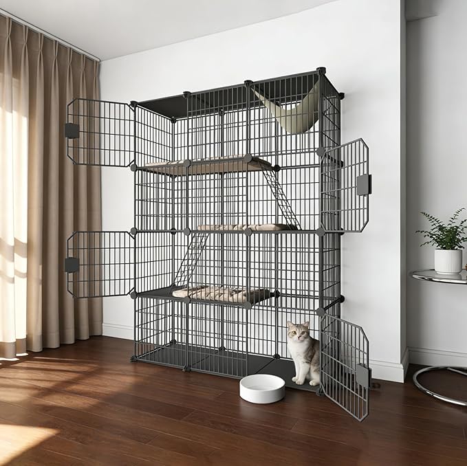Large 4-Tier Cat Cage Indoor, DIY Cat Enclosures Detachable Metal Wire, Indoor Cat Crate Exercise Place Ideal for Kitty, Small Animals (Black, 41.3" L x 14" W x 55" H, 1)