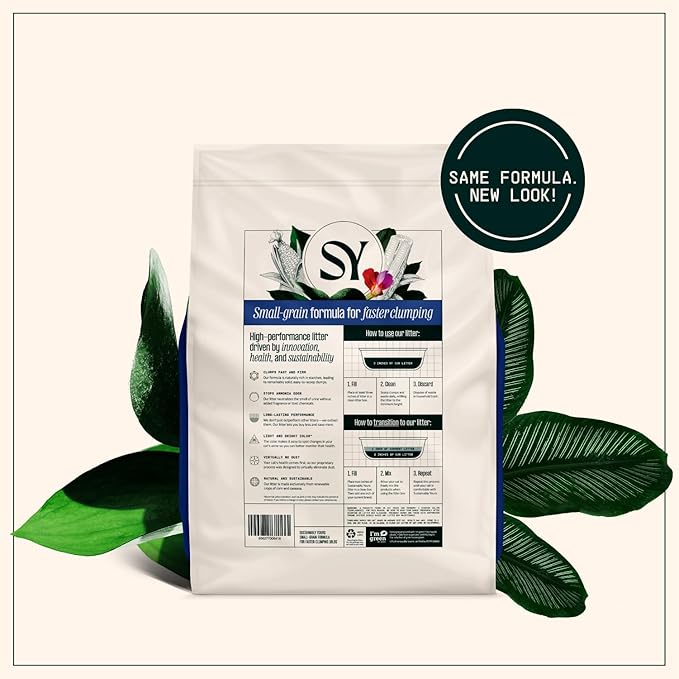 Sustainably Yours Natural Cat Litter, Small-Grain Formula, Exceptional Clumping & Odor Control, Virtually No Dust, Soft on Paws, Corn & Cassava Plant-Based, Unscented, 10 lbs