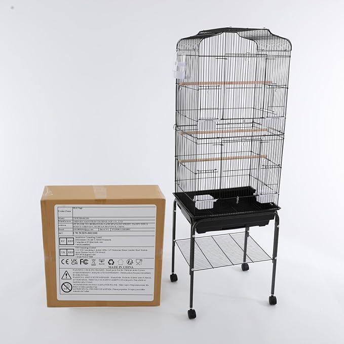 Large Rolling Bird Cage with Stand & Storage Shelf, 4-Tier Stackable Parrot Aviary for Cockatiels, Parakeets & Finches, Metal Birdcage with Slide-Out Tray, Feeding Bowls & Wheels (Black)