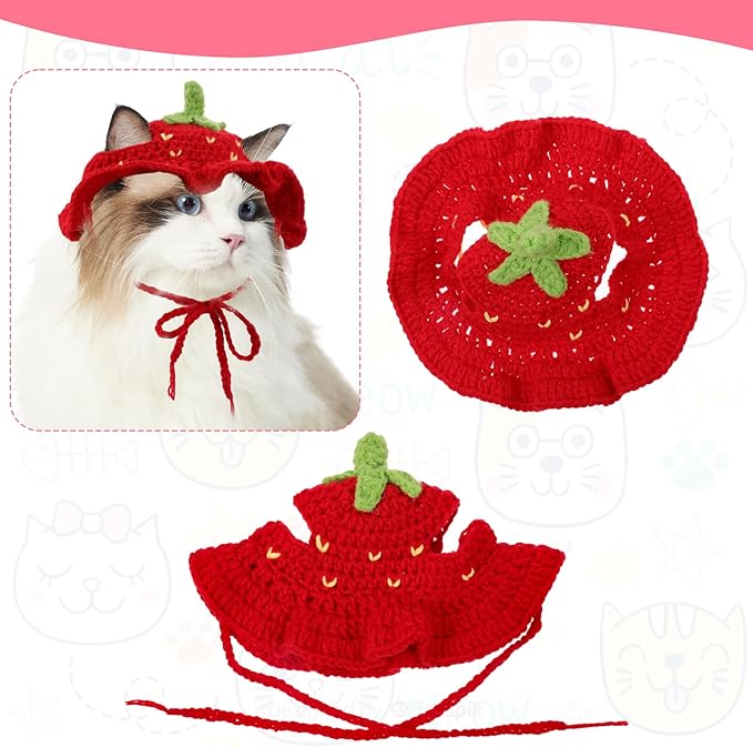 Strawberry Cat Hat, Cotton & Soft Cute Knitted Hats for Cats Strawberry Crochet Cat Hats for Cats Only Cute Puppy Hat for Small Pets on Christmas Birthday Party Halloween (Red, S)