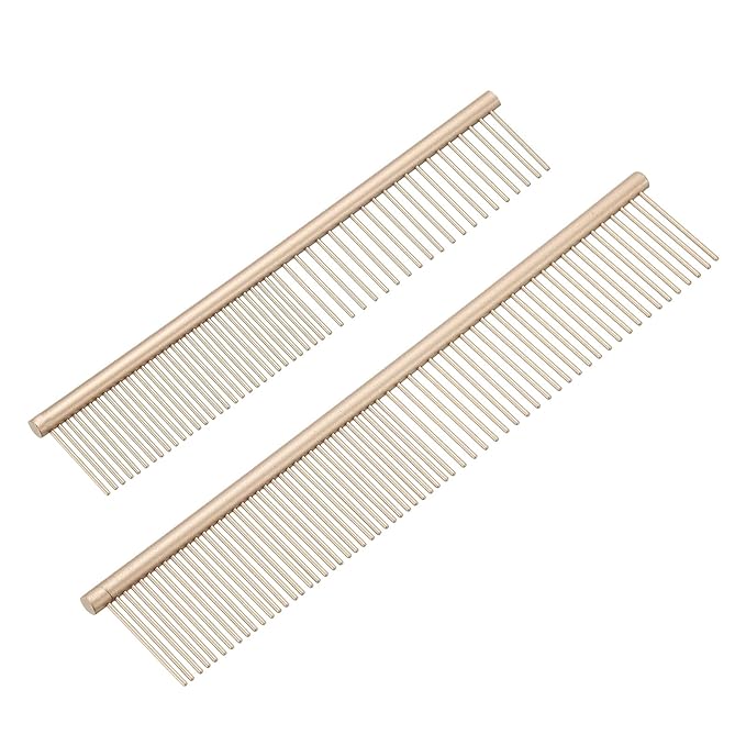 Dog Cat Comb, Pet Combs Stainless Steel Teeth with Rounded Ends for Knots Mats Loose Hair Removal, 6.5/7.5IN (Gold Coated, 2 Pack), Grooming Tool Intended for Long Curly Hair Pet