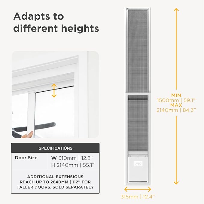 Hakuna Pets V2 Patio Pet Door Screen Insert Panel for Sliding Doors, Fits Door Track Min Ht 59.05" to Max Ht 84.25",UV Resistant Mesh, Locking Magnetic Dog Door, Easy Install and Removal,Medium,White