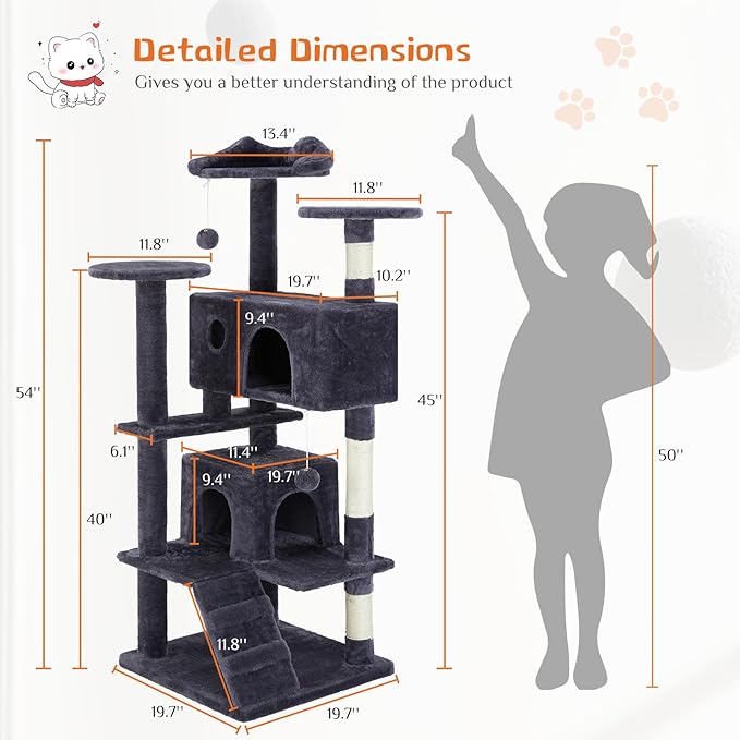 Sweetcrispy 54 Inch Cat Tree Tower, Multi-Level with Cat Scratching Post, Indoor Cat Condo with Climbing Ladder, Plush Toy, Play House for Cat, Dark Grey