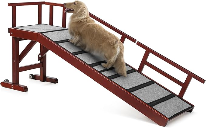 Dog Ramp for Bed or Couch, Wooden Pet Ramp with 20° Gentle Slope, Removable Side Rails, Non-Slip Surface, Top Platform & Wheels, Safe Bed Ramp for Small, Large & Senior Dogs, 60" Long, Mahogany