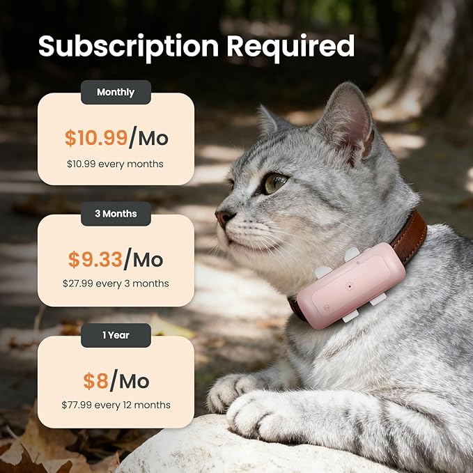 SEEWORLD Mini GPS Pet Tracker for Dogs Cats Waterproof Real-Time Location Tracker Virtual Fence 180 Days Location History 4G Cat Tracker for 6.5lbs+ Pets (Pink)