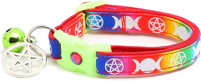 Wicca Cat Collar with Occult Charm & Bell | Witch’s Familiar Cat Collar | Witch Kitten Collar Charms | Glow in The Dark | Safety Breakaway Collar (Small(10lbs & Less), Rainbow)