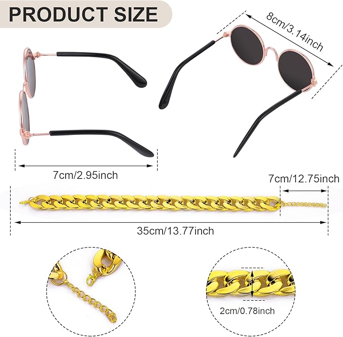 Cat Costume Sunglasses with Collar Chain, Retro Pet Eyeglasses Funny Kittens Costume Docorations Cosplay Dog Puppies Photo Props for Birthday (Gold)