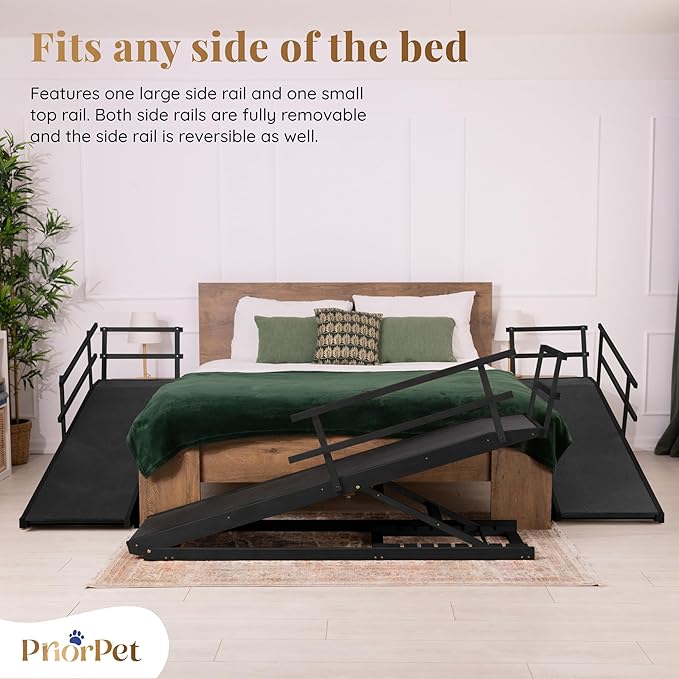 Dog Ramp for Bed with Safety Rails for High Beds up to 37" – Extra Wide 19.5" Adjustable Dog Bed Ramp for Large Dogs up to 200 lbs – Solid Birchwood, Non-Slip Rubber Surface, Foldable Design – Black