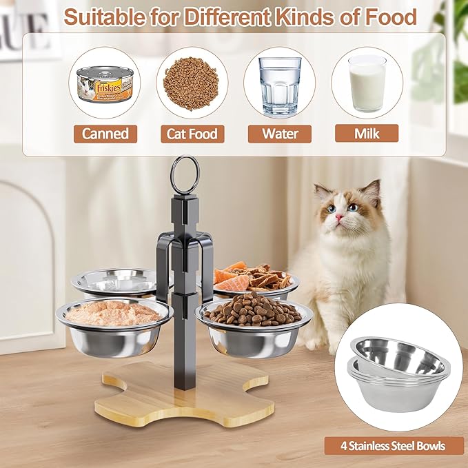 Elevated Cat Food Bowls, 3 Adjustable Heights Raised Cats Bowl for Indoor Cats Small Dogs with 4 Stainless Steel Bowls, Pet Food and Water Bowl