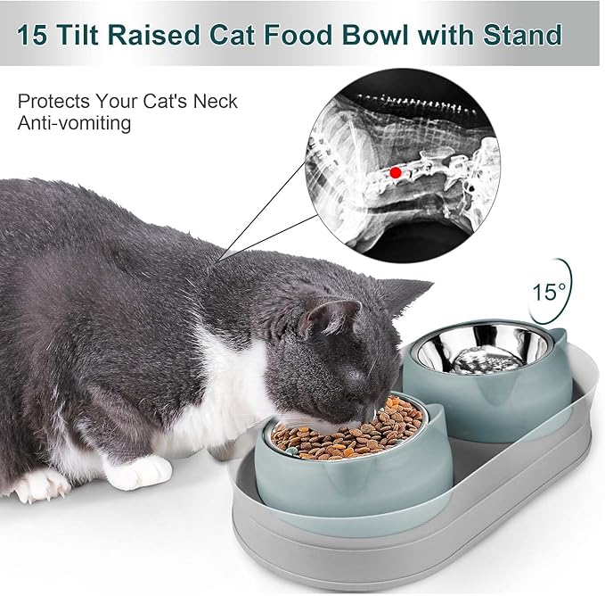 Elevated Raise Tilted Cat Food Bowls,with Stand Stainless Steel, Anti Vomiting, Double Cat Food and Water Bowl Set (Grayblue)