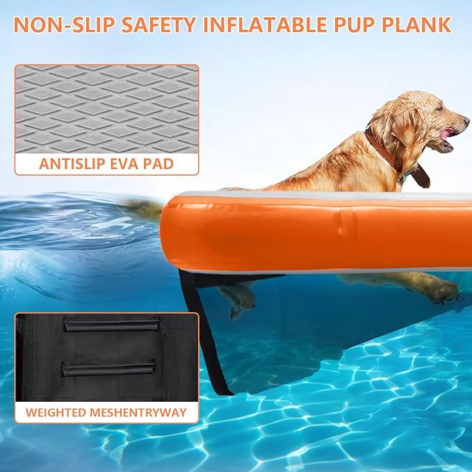 Inflatable Dog Water Ramp, Non-Slip Floating Dock Ladder for Pools, Boats & Lakes, Pool Ramp for Dogs Up to 200 Pounds, Orange