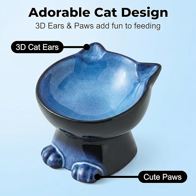 Nihow Slanted Elevated Cat Bowls: 5 Inch Ceramic Raised Cat Food Bowl for Protecting Pet's Spine - Microwave & Dishwasher Safe -Elegant Blue & Black (4.5 OZ /1 PC)