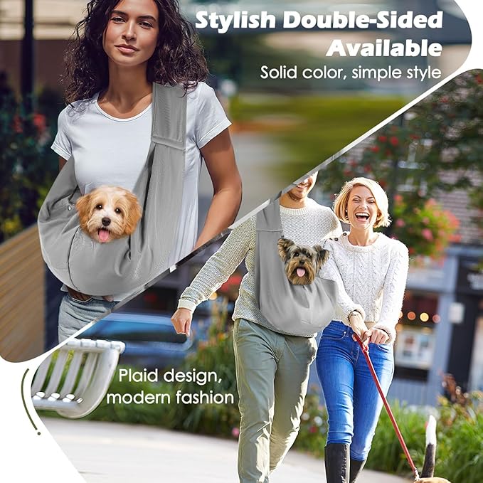 Pawaboo Small Dog Sling Carrier, Reversible Hands Free Dog Sling Carriers for Small Dogs and Cats, Puppy Slings Carrier with Safety Harness, Puppy Essentials, Light Gray