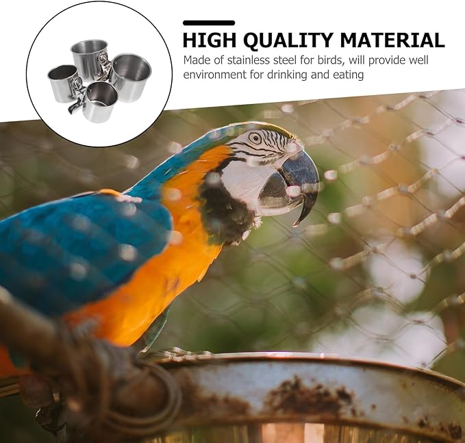 POPETPOP 2pcs Stainless Steel Bird Feeder Bowls with Clamp 5.5cm and 7cm Feeding Cups for Parrots and Small Birds for Feeding and Watering Supplies