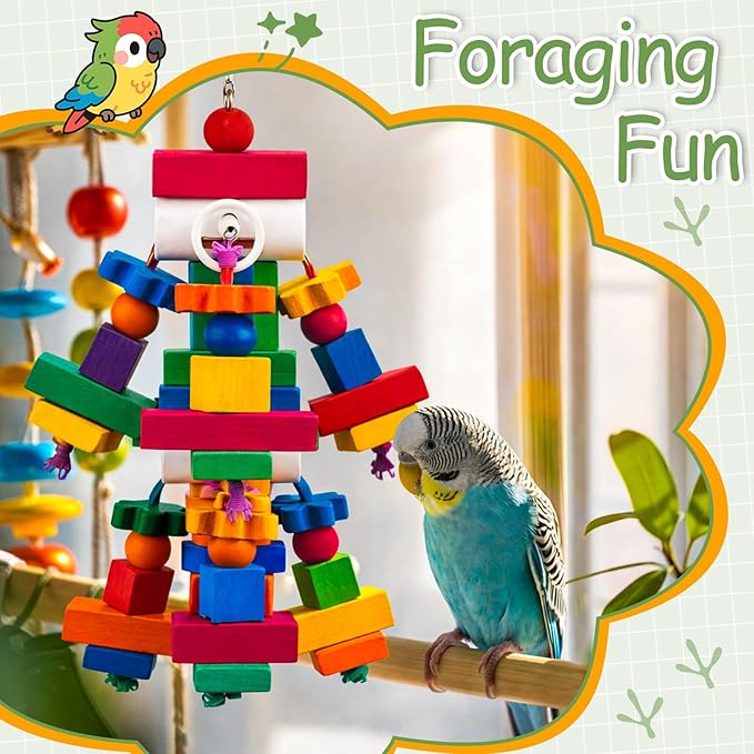 3 Pcs Large Parrot Toys 17.8" Colorful Chewing Toy with Natural Wood Blocks for African Greys, Cockatoos, Parrots, Macaws, Medium Birds Cage Toy Accessories