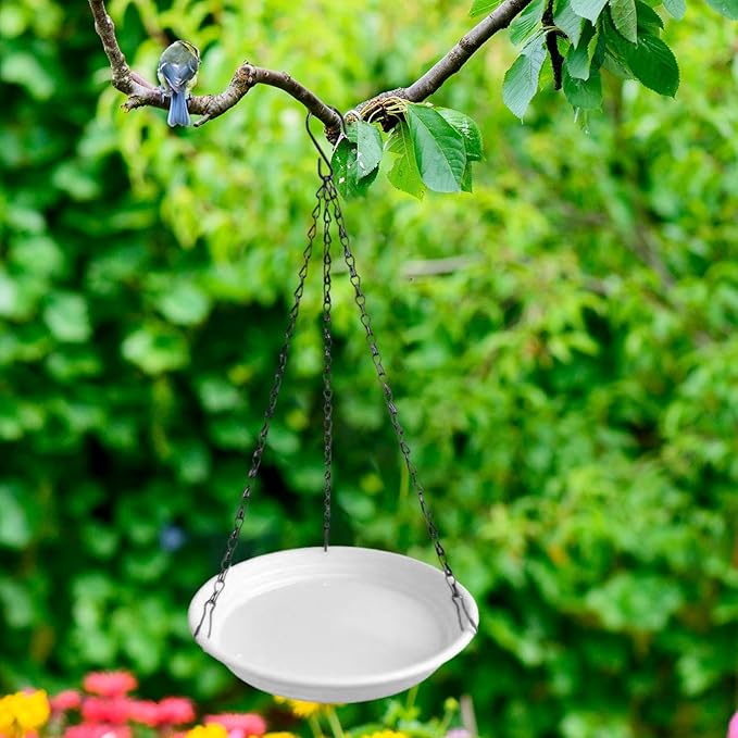 Hanging Bird Feeder and Waterer Tray Water Feeding Bowl Garden Decor with Chains Sturdy Birds Water Station for Backyard Yard, White
