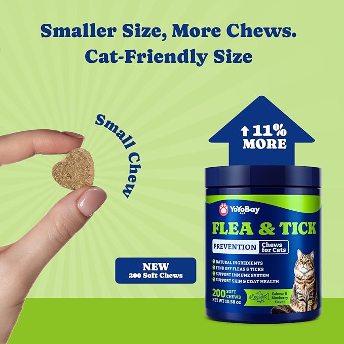 Flea and Tick Prevention for Cats - 200 Soft Chews Natural Cat Flea Treatment, Salmon & Blueberry Flavor - Flea Treatment for Cats, Cat Oral Flea, Immune Support Supplement (200 Chews)