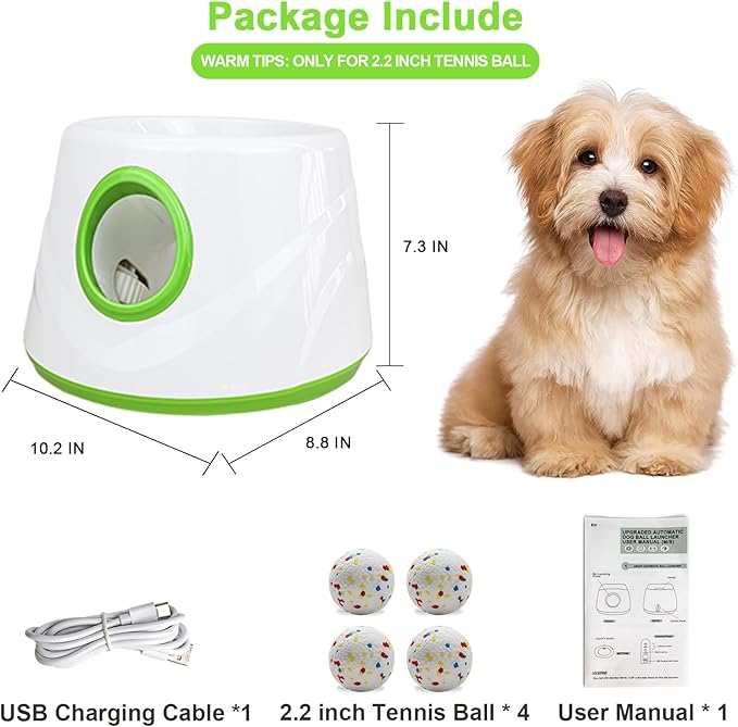 SOCO Automatic Ball Launcher for Dogs with Random Mode, 3 Settings to 45FT, Rechargeable Small Dog Ball Thrower with 4 2.2" ETPU Tennis Balls for Small Medium Breeds