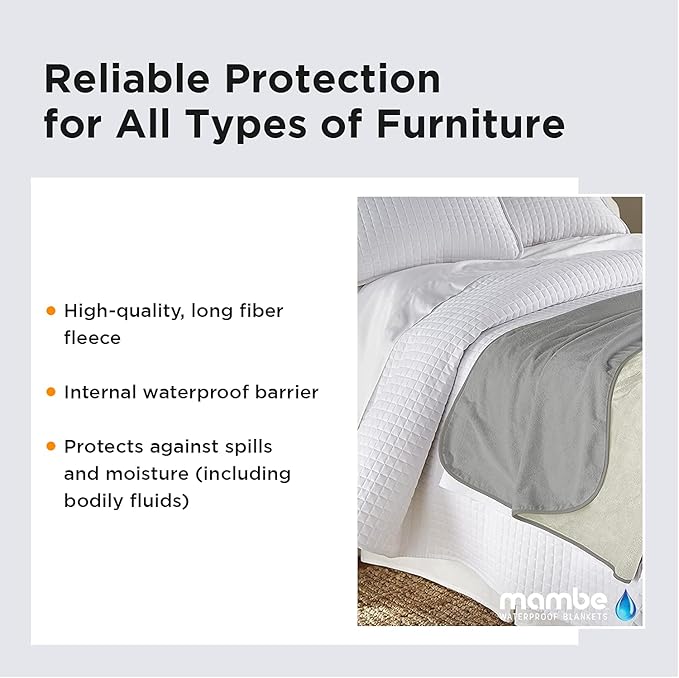Mambe Silky Waterproof Throw for Protecting Furniture Bed Couch from Stains Caused by Dogs, Cats, Incontinence. Soft, Washable, Reversible. (Size Long/Sofa 70x120 inches, Color Buff/Dove)