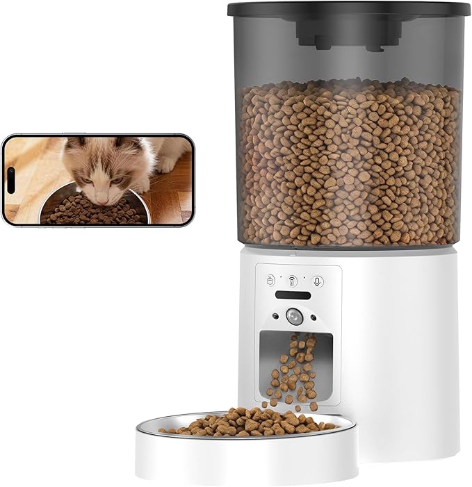 Automatic Cat Feeder with Camera,WiFi Cat Food Dispenser with App Control,1080P HD Video,Two-Way Audio, Transparent 4.2L Food Container (White)