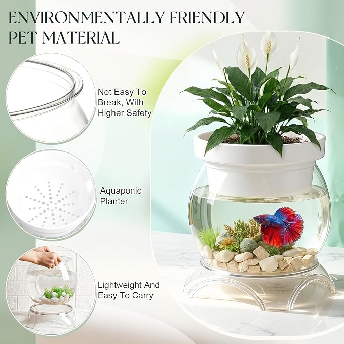 Geelin 3 Gallon Plastic Aquaponic Betta Fish Tank Aquaponic with Base and Top, Small Bowl Shatterproof Ecosystem Aquarium with Clear Clarity for Terrarium, Flower Vase Betta Fish Centerpiece Gifts