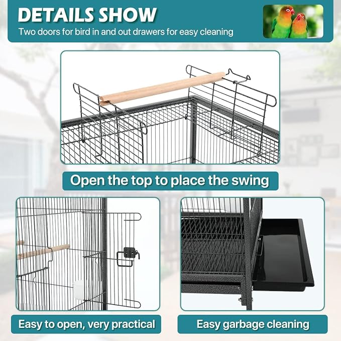 35 Inch Bird Cage with Stand Parrot Cage for Large Birds Parakeet Cages Wrought Iron Parakeet Birdcage with Play Open Top, Bottom Tray, 2 Feeders for Parakeets, Canary, Cockatiel