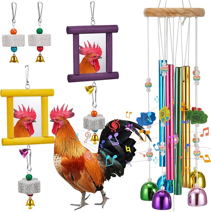 7 Pcs Chicken Toys, Hanging Chicken Wind Chime, 2 Pcs Coop Mirror Toys with Bells 4 Pack Beak Grinding Stones, Musical Coop Accessories for Hen Rooster Chick Poultry Birds(Yellow, Purple)