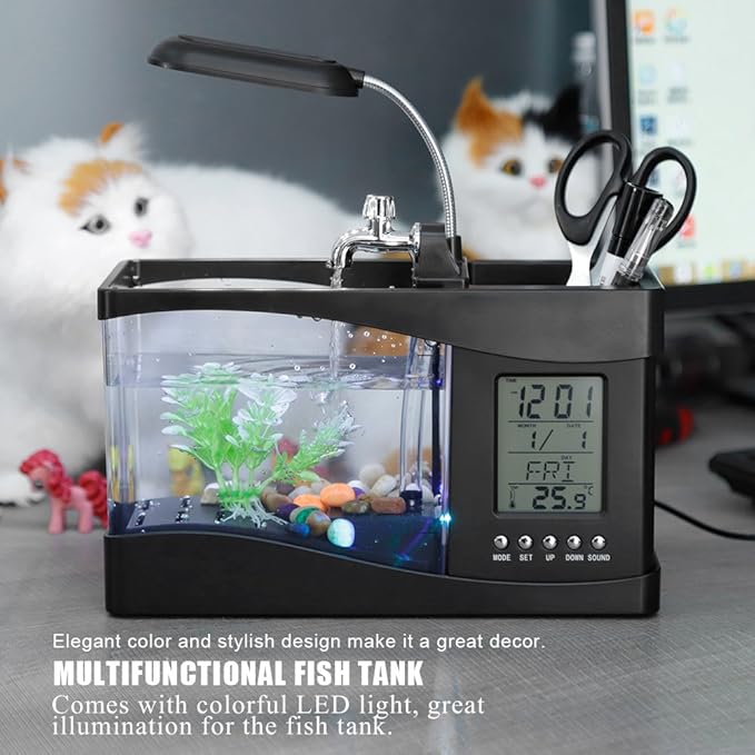 Multifunctional Mini Fish Tank, Desktop Aquarium with USB Rechargeable LED Lights, Clock Function, Black Plastic Fish Tank