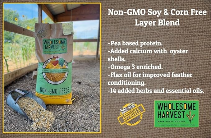 Non-GMO Soy and Corn Free Whole Grain Layer Blend 16% - Chicken Feed for Laying Hens and Ducks - Includes Essential Oils, Herbs, Oyster Shells, Vital Minerals, and Omega 3, 40lb