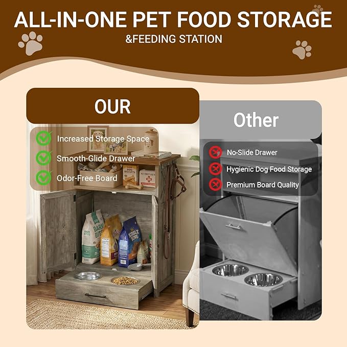 Dog Feeding Station with Storage Cabinet, Raised 2 Elevated Dog Bowls with Hidden Drawer, Pet Feeder Organizer with 3 Side Hooks, Large Capacity Dog Food Storage Cabinet