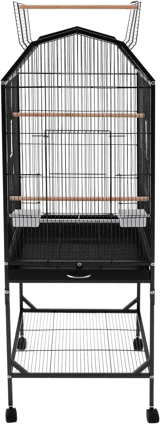 Large 46" Rolling Bird Cage for Mid-Sized Parrots with Detachable Stand, 4 Universal Wheels & Removable Tray, Iron Birdcage for Cockatiels, Parakeets, Finches (Black)