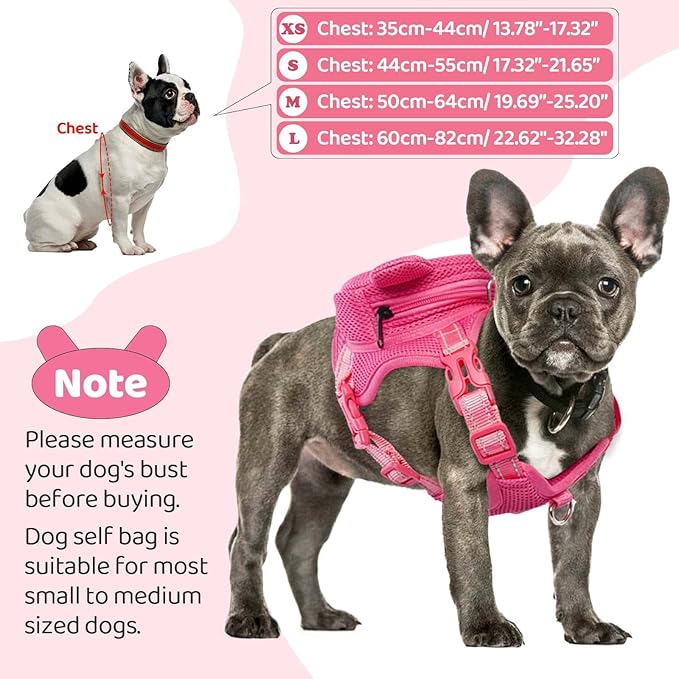 Dog Harness with Backpack, Adjustable Dog Backpack Harness for Small Medium Dogs, No-Pull Breathable Backpacks for Dogs to Wear, for Traveling, Hiking, Camping, Training, Pink XS