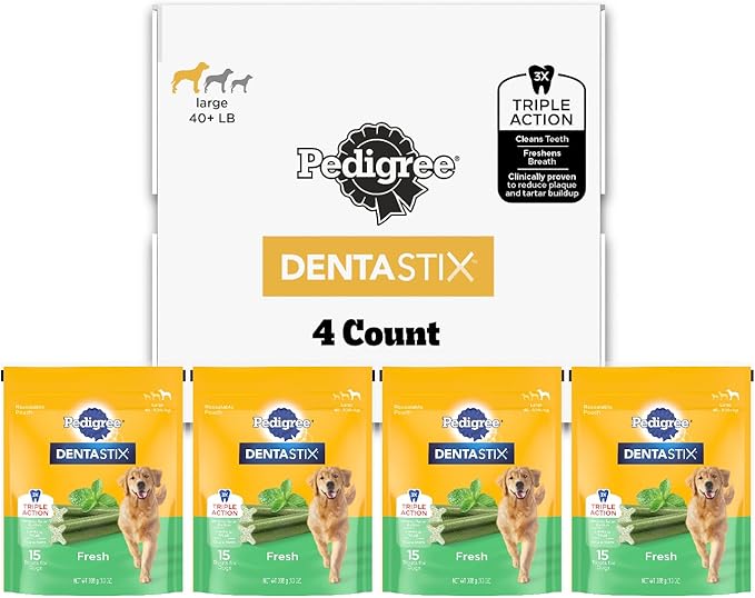 Pedigree Dentastix Dog Dental Treats, Large Breed Dog Treats, Fresh Flavor, (4) 15ct Bags (60 Treats Total)