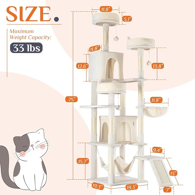 Sweetcrispy Cat Tree 75 Inch, Large Multi-Level Tall Cat Tree Tower with Condo, Perches, Sisal Scratching Posts Board and Hammock, Pet Play House with Dangling Balls for Indoor Cats, Beige
