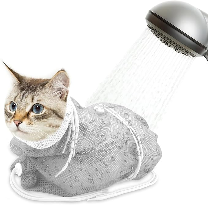 Cat Bathing Bag, Breathable Mesh Cat Shower Bag Anti Scratch Adjustable Grooming Bag for Nail Trimming Polyester Soft Washing Bag