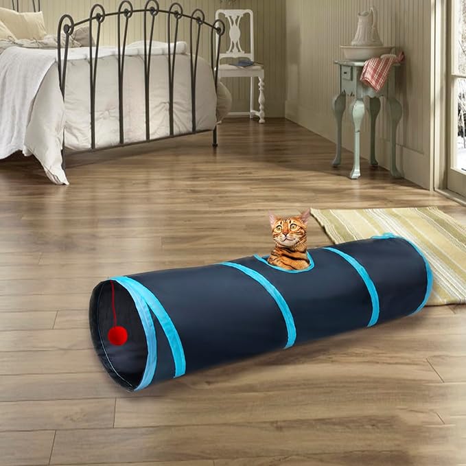 Cat Tunnel Tube Toys，Tunnels for Indoor Cats, 2 Way Blue Collapsible Interactive Toy with Balls for Rabbits, Kittens, Ferrets, Puppy