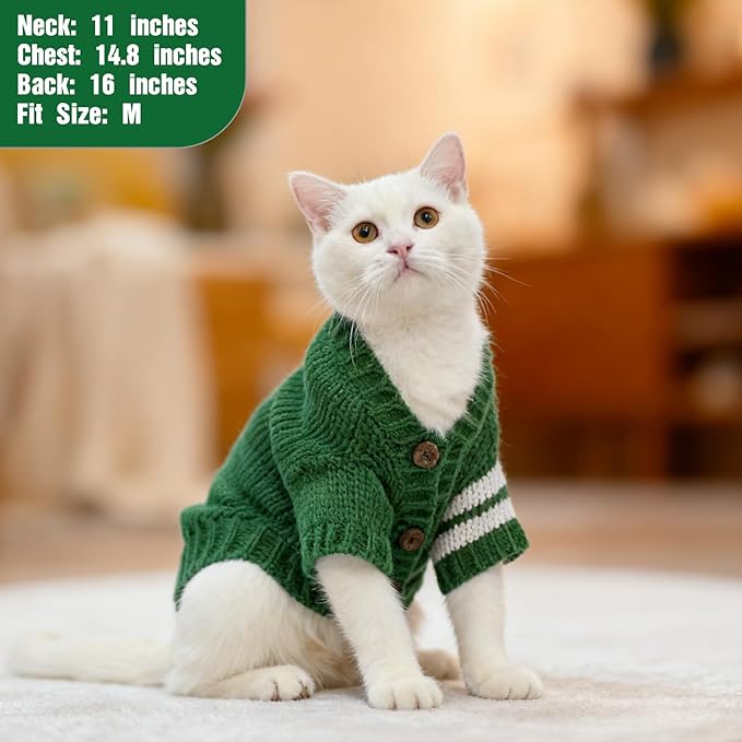 EXPAWLORER Cat Sweater Cardigan - Stylish Knitted Cat Clothes, British Style Soft Puppy Sweater with Sleeve Warm Pet Clothing Knitwear, Fall and Winter Kitten Coat for Girl Boy Cats, Green Small