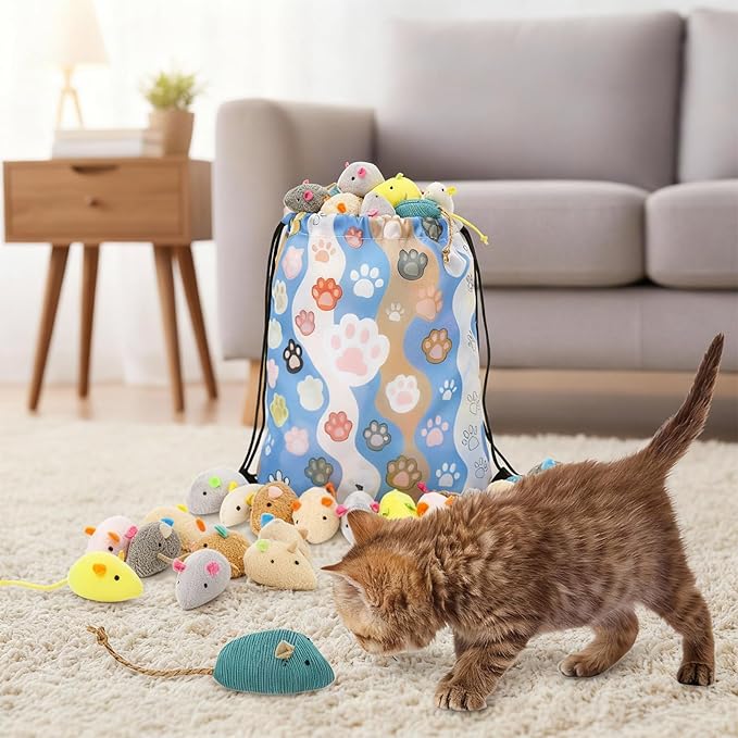 Leitee 50 Pcs Assorted Mice Cat Toys Bulk with 1 Cat Paw Gift Storage Bags Set, Furry Mouse Kitten Toy Mini Mouse for Indoor Cats, Interactive Play Color Varies(51 Pcs,Plush Mice)
