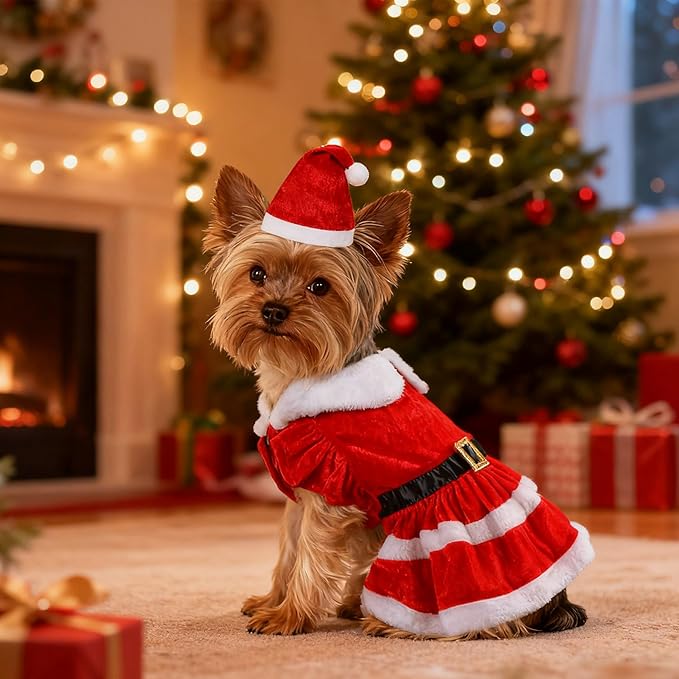 Cat Dog Christmas Dress Outfit Cat Christmas Dress with Santa Hat Costume Holiday Outfit Clothes for Cats Puppy XS Small Dogs (Medium)
