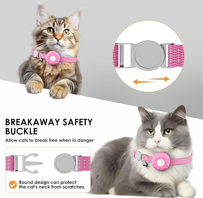 Cat Tracker, GPS Tracker Compatible with Apple Find My App(Only iOS), Waterproof Cat Tracker Collar with Bell and Safety Elastic Buckle, No Monthly Fee Pet Trackers, Works with Any Collar, Pink