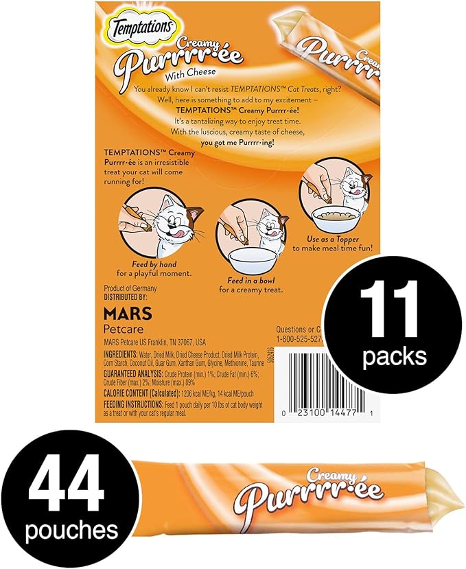 Temptations Creamy Puree Squeezable Lickable Cat Treats, Wet Cat Treats with Cheese, 0.42 oz. Tubes, 4 Count, Pack of 11 (44 Total)