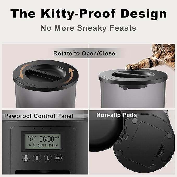 Automatic Cat Feeder 4.2L Cats,6 Meals/Day,Dual Power Portion Control Feeder,Dry Pet Food Auto Dispenser,Timer Setting,10S Voice Record (Transparent Black, Stainless Steel 2 Bowls)