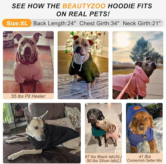 BEAUTYZOO Dog Hoodie with Leash Hole and Pocket,Dog Sweaters for Small Medium Large Dogs Boys Girls,Waffle-Like Laminated Cotton Warm Outfits for French Bulldogs, Pitbull, Winter Puppy Clothes Jacket