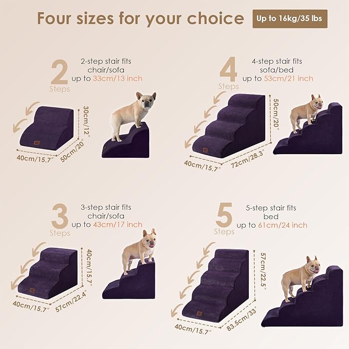 EHEYCIGA Curved Dog Stairs Ramp for High Beds 19.7" H, 4-Step Dog Steps for Small Dogs and Cats, Pet Stairs for High Bed Climbing, Non-Slip Balanced Pet Step Indoor, Purple