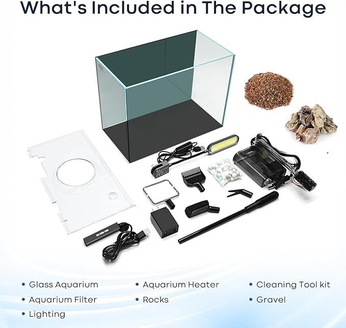 2.6 Gallon Small Aquarium Set Glass Fish Tank, Starter Kit with Heater Water Pump Cleaning System Filter Bright Light Rocks Gravel Cleaning Tool, Leak-Proof Clear Rimless Desktop Spaces Saving Betta