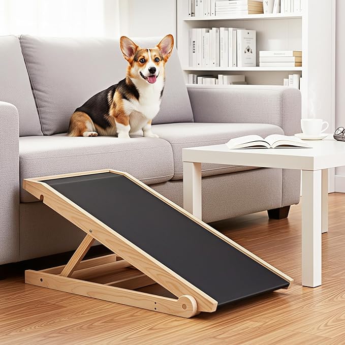 SLSY Dog Ramp for Bed, Couch & Car, Foldable Pet Ramp for Small Dogs and Cats, 4 Adjustable Heights 13.7''–19.6", Portable Stable Wooden Pet Steps with Non-Slip Pad for Sofa or Stairs(Natural)