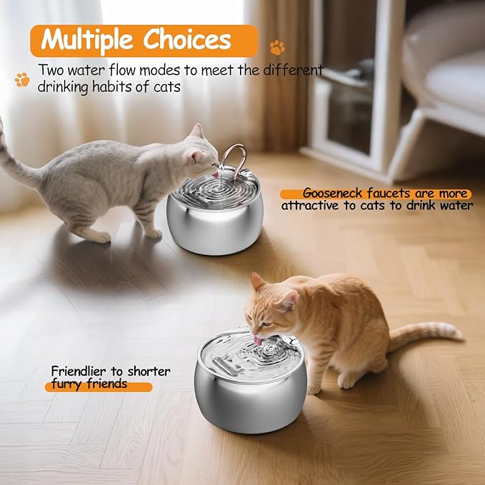 Cat Water Fountain Stainless Steel -2.5L/84oz Gooseneck Kitty Spout Cat Fountain for Drinking - Pet Water Fountain for Cats Inside with 3 Replacement Filters & 3 Pre-Filter Sponges - for Pets
